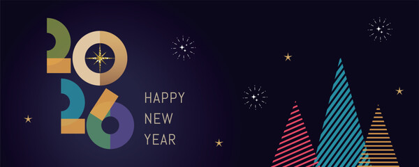 Happy New Year 2026 Greeting Card with Geometric Abstract Design