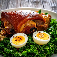 Close-up of roasted pork hock on a white plate, served with kale, brown rice, and two halved boiled eggs