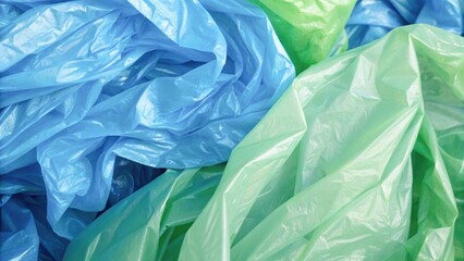 Obraz premium Colorful, crumpled plastic sheets in blue and green, representing waste and environmental concerns.
