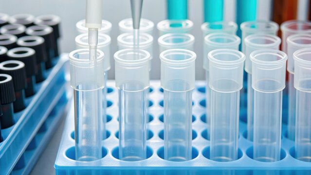 Laboratory scene featuring test tubes in a rack, some filled with liquids, highlighting scientific experimentation and research.