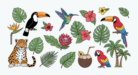 Tropical Paradise Exotic Wildlife and Lush Flora Illustration