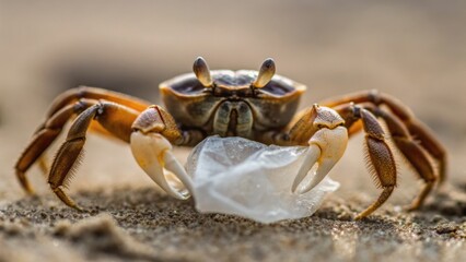A crab holds a piece of plastic on the beach, highlighting environmental concerns and marine life interactions with pollution.