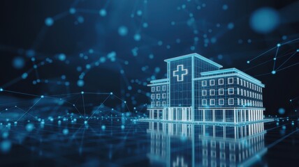 Digital hospital building with futuristic network connection and data transfer