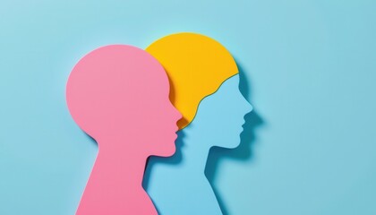 Colorful Silhouettes of Human Profiles in Pink and Yellow on a Blue Background for Creative Design Concepts