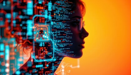 Profile silhouette of a woman with neon coding patterns against an orange background symbolizing technology and digital innovation