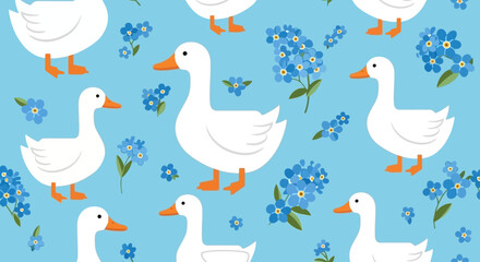 Duck and Forget-Me-Not Floral Pattern on Blue Background