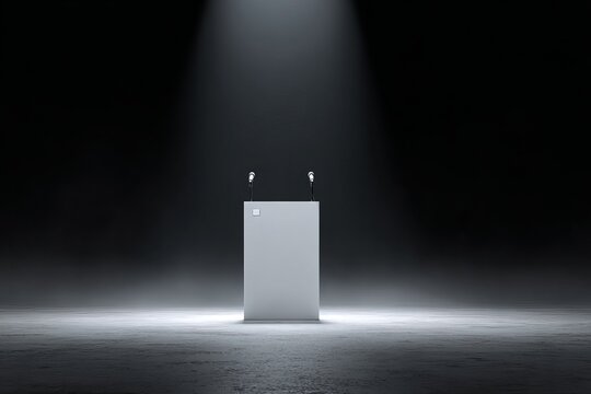 Minimalist white podium with two microphones in spotlight