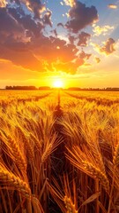 Golden wheat field at sunset under a dramatic sky