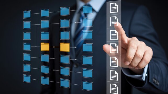 Businessman touching digital file management system, document organization concept