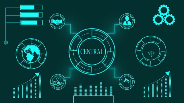 Digital Central Hub Interface with Global and Business Icons technology