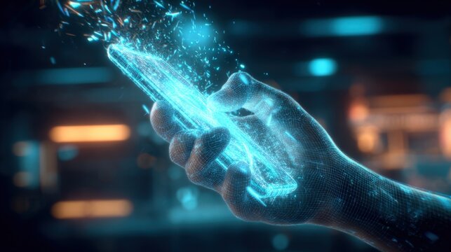 Abstract Hand Holding a Glowing Smartphone with Digital Particles, Representing Connectivity and Modern Technology