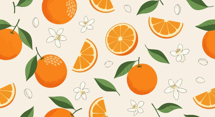 Vibrant Orange Citrus Pattern with Flowers and Leaves Illustration