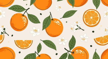 Seamless Pattern of Oranges with Flowers and Green Leaves on a Light Background