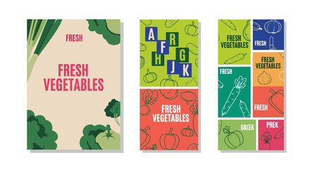 Colorful vegetable cover designs for books and journals, promoting healthy food and farm fresh produce
