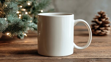 Fototapeta premium Festive White Mug Mockup on Rustic Wood with Pine Branch and Lights for Winter Holiday Designs