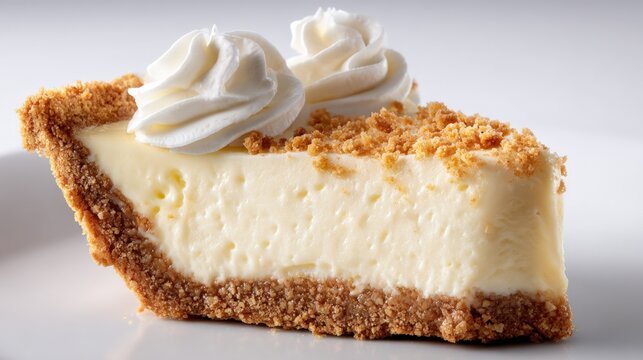 Delicious Slice of Creamy Cheesecake Pie with Graham Cracker Crust and Whipped Topping, Perfect Dessert
