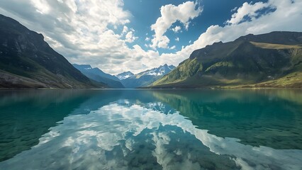 Peaceful crystal lake reflecting majestic mountains and cloudy sky, photorealistic natural landscape, vibrant colors, calm mood, perfect symmetry, high-resolution daylight scenery, no people.