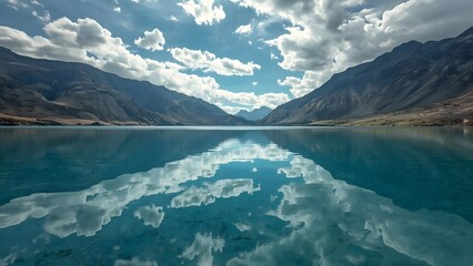Peaceful crystal lake reflecting majestic mountains and cloudy sky, photorealistic natural landscape, vibrant colors, calm mood, perfect symmetry, high-resolution daylight scenery, no people.