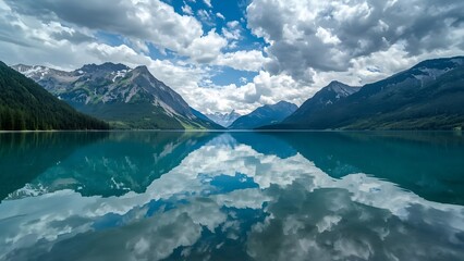 Peaceful crystal lake reflecting majestic mountains and cloudy sky, photorealistic natural landscape, vibrant colors, calm mood, perfect symmetry, high-resolution daylight scenery, no people.