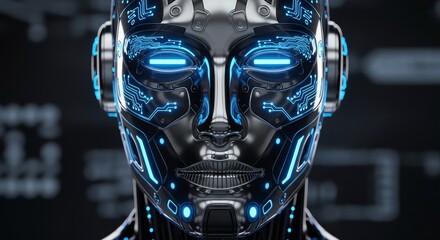 Robot head with glowing blue circuitry