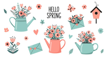 Hello Spring Watercolor Floral Arrangements with Watering Cans, Envelopes, and a Birdhouse