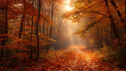 Beautiful autumn forest landscape with golden leaves, warm sunlight through trees, peaceful pathway, cinematic composition, HDR realism, perfect for travel, nature, and seasonal designs.