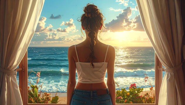 A woman stands facing a brilliant sunset over the ocean, framed by a window and flowing curtains. Her back faces the viewer - Powered by Adobe