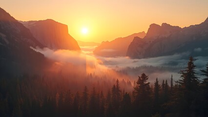 Golden sunrise over misty mountains with soft fog and pine trees, cinematic lighting, tranquil valley view, ultra-realistic nature landscape perfect for travel, serenity, and nature art.