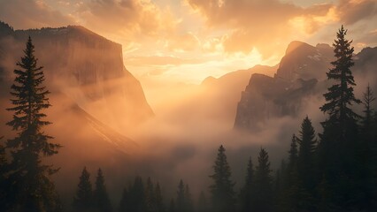 Golden sunrise over misty mountains with soft fog and pine trees, cinematic lighting, tranquil valley view, ultra-realistic nature landscape perfect for travel, serenity, and nature art.