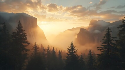 Golden sunrise over misty mountains with soft fog and pine trees, cinematic lighting, tranquil valley view, ultra-realistic nature landscape perfect for travel, serenity, and nature art.