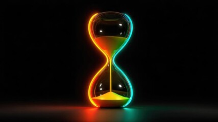An hourglass with a neon colored outline against a black background - Powered by Adobe