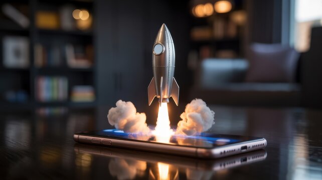 Rocket launching from smartphone, symbol of startup and innovation