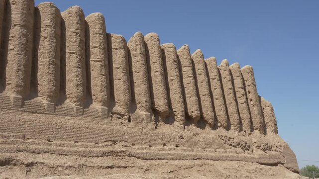 Panning shot of ancient fortress in the desert of Turkmenistan, Seljuk fortress Great Kyz Kala