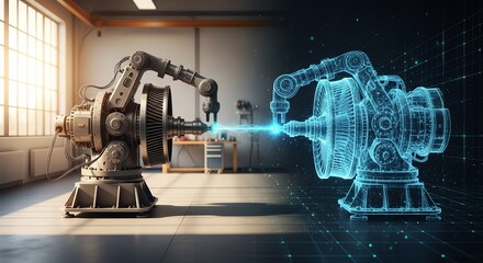 Robotic arm manufacturing turbine with digital blueprint
