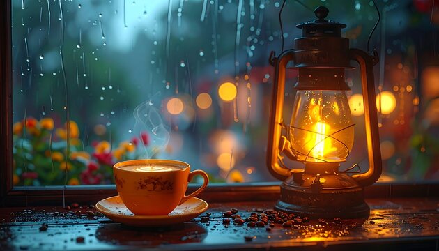 A warm cup of coffee and a glowing lamp sit on a windowsill as raindrops obscure the blurred outdoor lights - Powered by Adobe