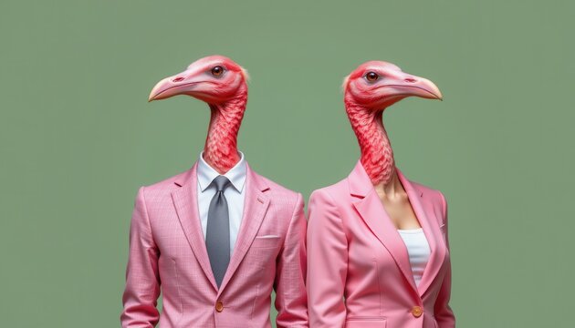 Unconventional Fashion Style with Pink Flamingo Heads on Business Attire Against Green Background