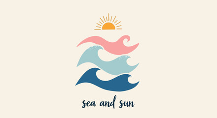 Obraz premium Sea and Sun Logo Abstract Waves and Sunny Symbol Design for Coastal and Vacation Themes