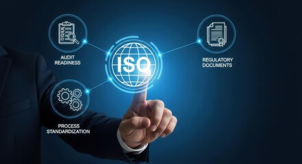 Fototapeta premium Iso standards concept with hand pointing at the screen, quality control