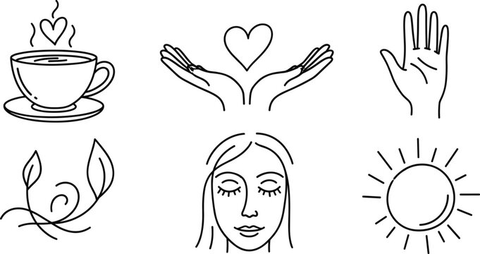 Minimalist symbolic line icons of love, peace, nature, meditation, sun energy, and wellness for lifestyle and mindfulness themes