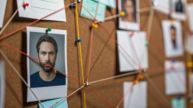 A board with photographs connected by colored strings, creating a web-like structure that suggests investigation or analysis.