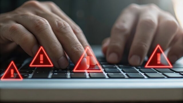 Hands typing on a keyboard, with warning symbols indicating a potential cyber threat or alert.