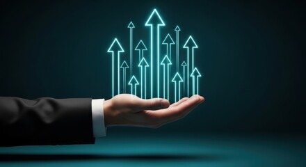 Fototapeta premium Hand holding digital arrows pointing upward, representing business growth