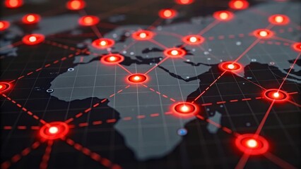 A digital map with glowing red nodes and lines, symbolizing global connectivity and network communication.
