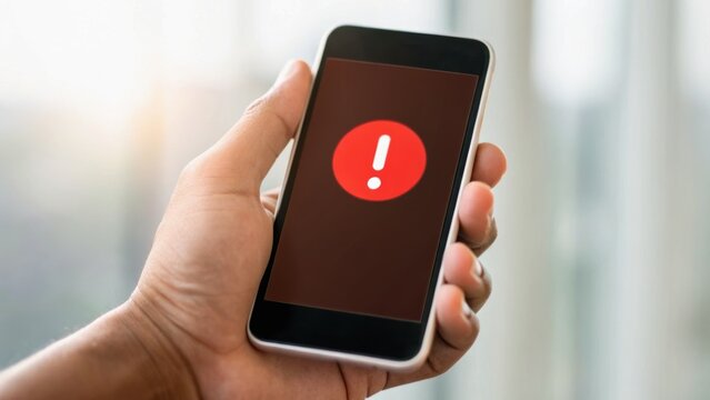A hand holding a smartphone displaying a red alert icon on the screen, suggesting an important notification or warning.