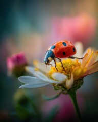 Fototapeta premium Ladybug on a Daisy Flower, Close-Up Macro Shot of Nature's Beauty and Vibrant Colors