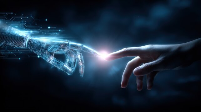 AI and Human Hand Touching, Representing the Future of Artificial Intelligence and Technological Connection