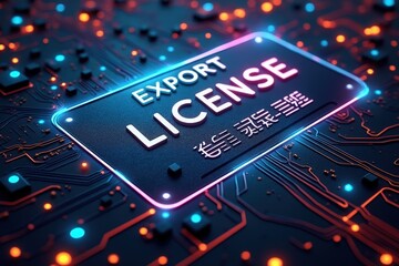 Digital export license on a circuit board with neon glow