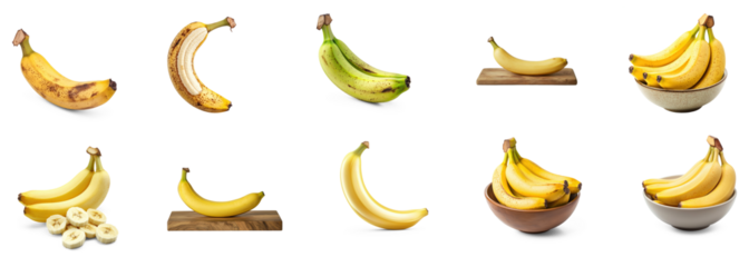 Collection of peeled banana with a few small brown spots on the skin. full length isolate on transparent background