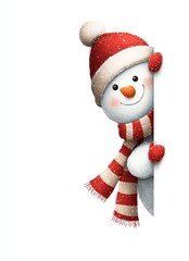 Festive Snowman Illustration Peeking Around Corner Wearing Red Hat and Scarf, Isolated on White