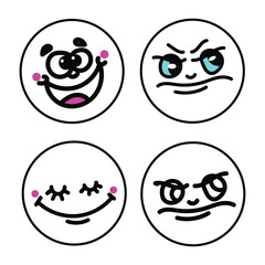 Hand drawn doodle emoticons set. Chalk or marker style faces with various expressions isolated on transparent 